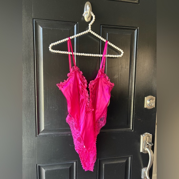 VTG NWT Julianna Hot Pink Satin Lace Teddy Bodysuit - Picture 1 of 16